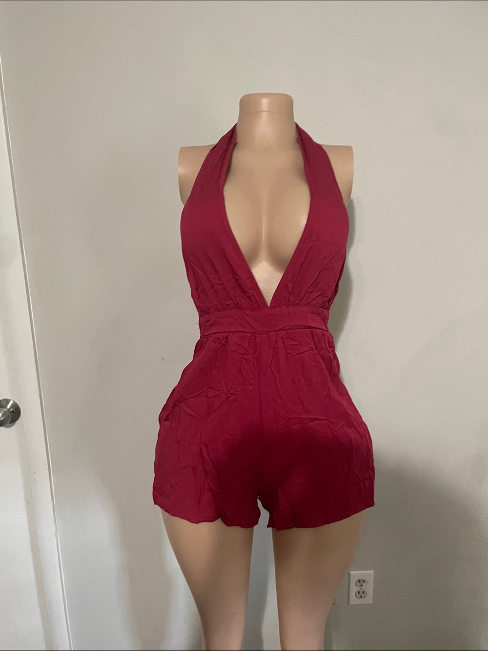 Deep V Halter Romper in Burgundy